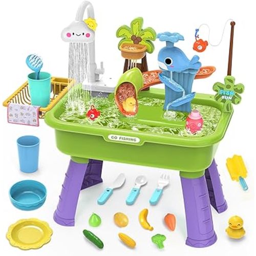 Water Table for Toddlers 1-3,Water Table with Pump,Toy Kitchen Sets for Kids Ages 4-8, Play Sink with Running Water & Electric Water Pump,Includes Play Vegetables, Tableware & Fishing Game (Green)