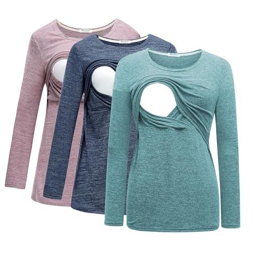 Bearsland Women's 3 Packs Maternity Clothes Long Sleeves Breastfeeding Shirts Nursing Top