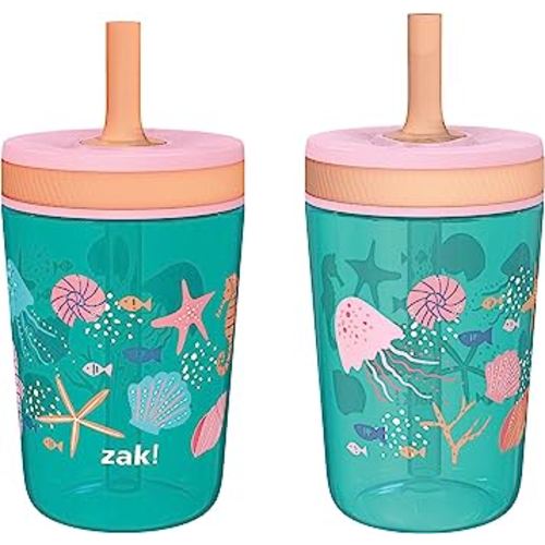 Zak Designs Kelso 15 oz Tumbler Set, (Shells) Leak-Proof Screw-On Lid with Straw Made of Durable Plastic and Silicone, Perfect Cup Bundle for Kids (2pc Set)