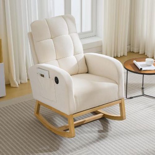 Acekool Nursery Rocking Chair, Mid Century Upholstered Recliner Glider with Side Pocket, USB Port, Comfortable Wood Legs