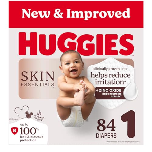Huggies Size 1 Diapers, Skin Essentials Baby Diapers, Size 1 (8-14 lbs), 84 Count, Packaging May Vary