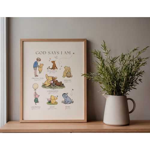 Classic Winnie the Pooh Scripture Print | God Says I Am Wall Art | Christian Nursery Decor | Affirmations Baptism Gift | Neutral Baby Room