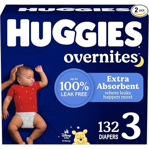Huggies Size 3 Overnites Baby Diapers: Overnight Diapers, Size 3 (16-28 lbs), 132 Ct (2 Packs of 66), Packaging May Vary
