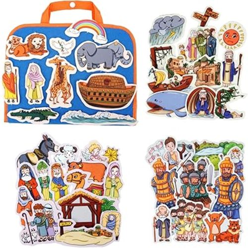 CHEFAN 4 Pack Felt Board Bible Stories Set, Flannel Board Stories Include Noah's Ark, Jonah and The Whale, David and Goliath, The Nativity of Jesus, 50 pcs Precut Flannel Graph Bible Toys for Kids