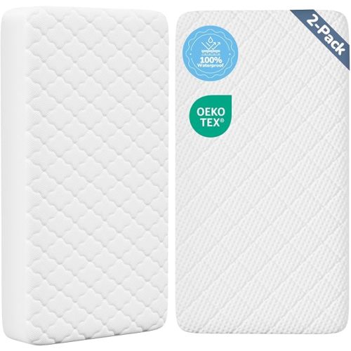 Mini Crib Mattress Protector Sheets 2 Pack, Waterproof Fitted, 38" x 24"