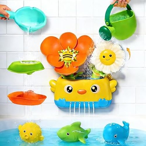 Baby Bath Toys for Kids Ages 1-3 Mold Free Bath Toys for Toddler 2-4 Bathtub Water Toys for Babies 18+ Months, Watering Can Bath Boats Spoon & No Hole Bath Toy with Mesh Bags for Boys Girls Gifts