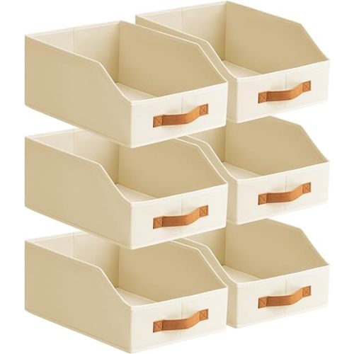 Fabric Storage Bins for Organizing - 6 Pack Large Trapezoid Collapsible Storage Bins with Front Handle, Closet Organizers and Storage for Bedroom, Home Shelves, Small Spaces, Beige