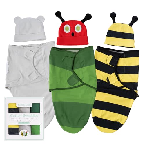Cuddle Club Swaddles for Newborns - Baby Swaddle Blanket for Boys & Girls - Adjustable Hook-and-Loop Cotton Wrap for Newborn 0-3 & 3-6 Months with hat