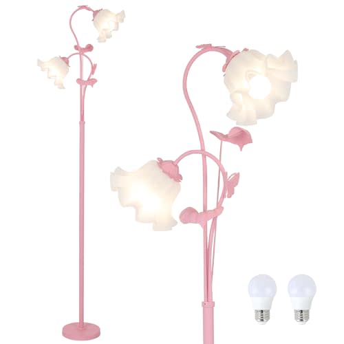 HMVPL Pink Flower Floor Lamp, Floral Standing Lamp with 2 LED 5W Blubs, Foot Switch, Modern Corner Tall Lamp with Acrylic Shade, Girls Cute Floor Lamp for Living Room Bedroom Office Kids Reading