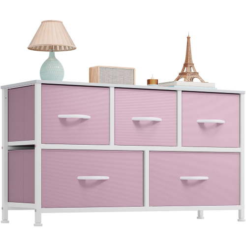 Dresser, Betcozy Storage Organizer with 5 Drawers for Bedroom, Chest of Drawers with Fabric Bins, Sturdy Metal Frame, Wood Tabletop for Guest Room, Closet, Entryway, Nursery, Pink