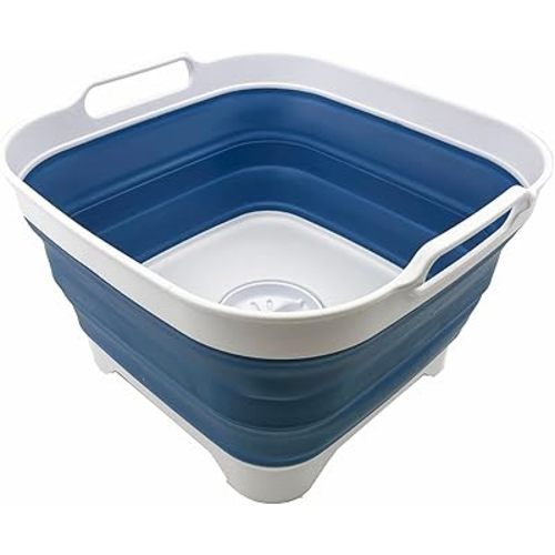 SAMMART 10L (2.64 Gallon) Collapsible Dishpan with Draining Plug - Foldable Washing Basin - Portable Dish Washing Tub - Space Saving Kitchen Storage Tray (White/Metalic Blue)