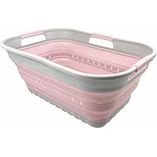 SAMMART 21L (5.5 gallon) Super Mini Collapsible 3 Handled Plastic Basket - Foldable Pop Up Storage Container/Organizer - Space Saving Hamper/Basket (Grey/Pale Pink)