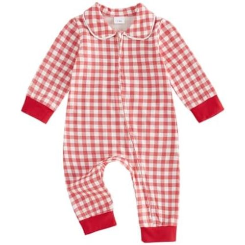 DSORVICD Newborn Baby Gingham Romper for Boys Girls, Long Sleeve Zipper One Piece