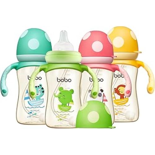 YOHKOH Natural PPSU Baby Bottle with Natural Response Nipple, Newborn Anti-Colic Baby Bottles with Handle, Wide Neck Mushroom Cap Baby Bottle (8.8oz (Pack of 4), Multicolour)