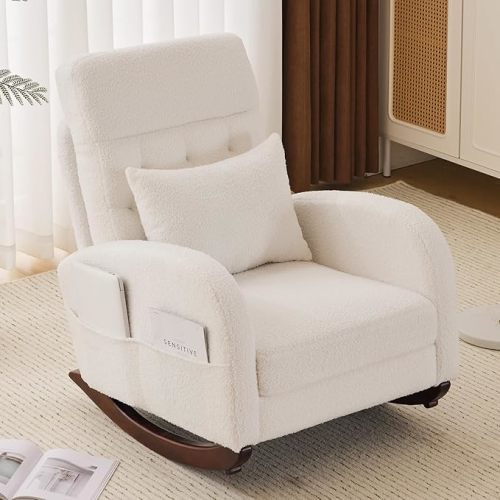 VINGLI Teddy Fleece Low Seat Rocking Chair,Boucle Upholstered Nursery Glider Chair with Side Pockets,Accent Arm Chair with High Backrest,Comfy Head Rest,Solid Wood,for Living Room, Bedroom,Beige