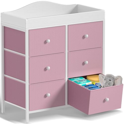 BOLUO Changing Table Dresser with 6 Fabric Drawers, Baby Dresser with Changing Table Top Diaper Changing Station with Storage for Nursery Modern Pink