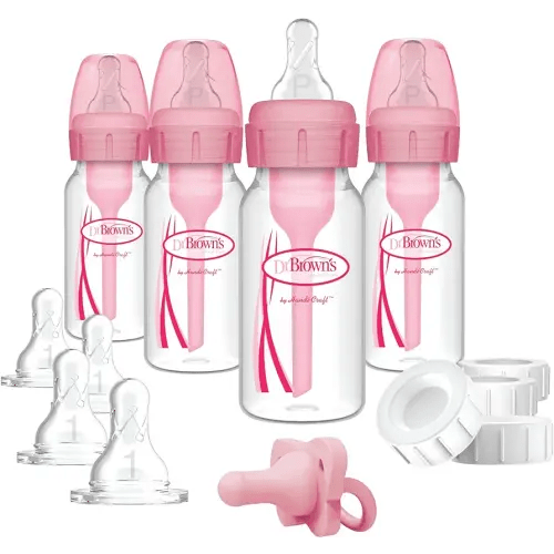 Dr. Brown's Natural Flow Anti-Colic Options+ Narrow Breast to Bottle Pump & Store Feeding Set with Slow Flow Nipples, Baby Bottle Travel Caps and 100% Silicone HappyPaci One-Piece Pacifier, Pink