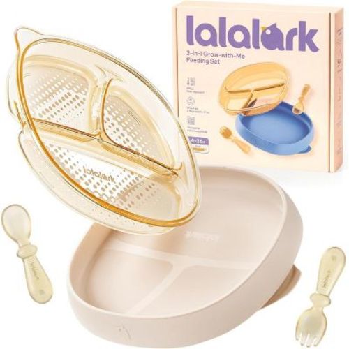 lalalark 4 PCS Toddler Plates with Suction Base Spoons & Fork Baby Divided Dishes for 0 1 2 3 Years Old PPSU & Food Grade Silicone BPA Free Oat Milk