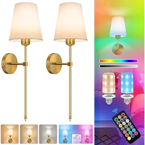 Battery Operated Wall Sconce, Gold Rechargeable Wall Lights with 10000mAh Dimmable Bulbs and 3 Dynamic Modes, 12 Colors Wireless Wall Lamps with Remote for Bedroom Living Room Hallway Decor, 2 Pack