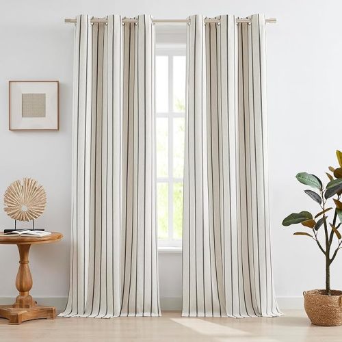 Full Blackout Curtains 90 Inches Long for Bedroom Living Room,Woven Black Stripes on Beige Linen Blended Drapes with Liner,Cottage Thermal Insulated Window Treatment,Grommet,40" Wx90 Lx2