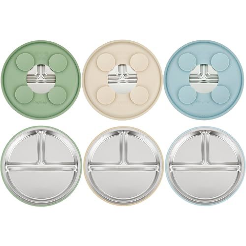 PandaEar 3 Pack Stainless Steel Baby Suction Plates (Blue/Green/Brown)