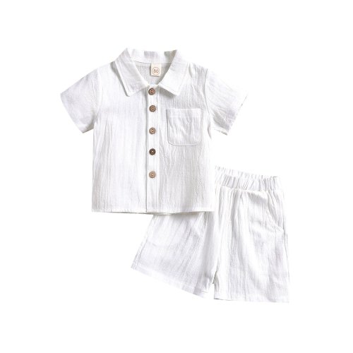 wybzd Baby Boys Cotton Linen Clothes Set Solid Color Lapel Short Sleeve Single-Breasted Tops Shorts Set White 18-24 Months