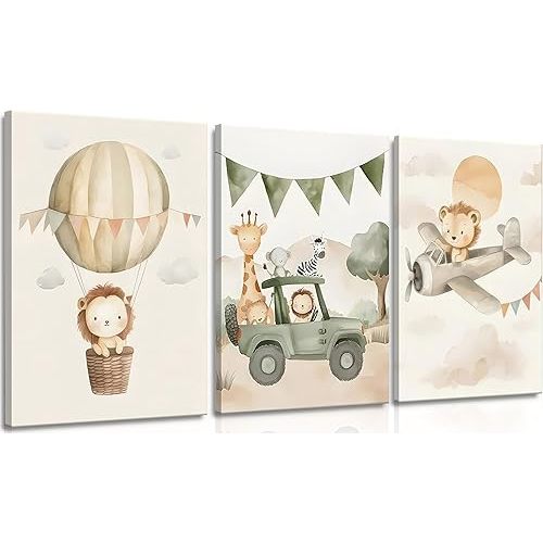 MJVCFWNS 3Pcs Animals Nursery Canvas Wall Art Neutral Wild Animals Painting Picture Wall Decor Wilderness Adventure ThemePoster Printing Artwork for Living Room Bedroom Kids Room Home Decor
