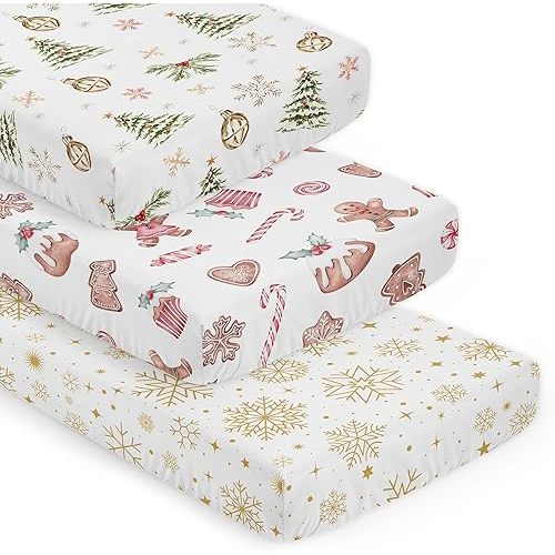 Sweet Jojo Designs 3-Piece Baby Crib Sheets Set (Christmas Holiday) for Girls/Boys, Infant Nursery, Toddler Room - Fitted, Standard Size (Xmas Holiday, Gingerbread Treats, Snowflakes & Pine Trees)