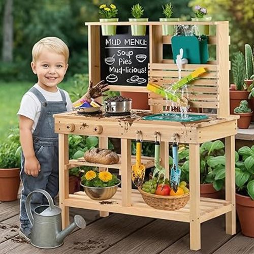 Mud Kitchen for Kids Outdoor, Toddler Wooden Pretend Play Kitchen Playset with Sink, Cookware, Stove, Chalkboard, Faucet & Storage Shelves for Backyard Garden Toy Gift for Ages 3+