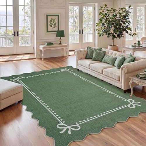 Garvee Scalloped Bow Rug for Living Room Washable Solid Green 6x9 Area Rugs