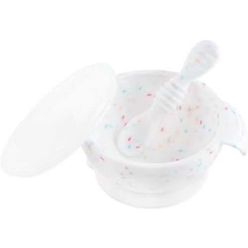 Bumkins Baby Bowls, Silicone Baby Feeding Set, Suction Bowls for Baby and Toddler with Spoon and Lid, First Feeding Set, Platinum Silicone Bowl for Babies 4 Months