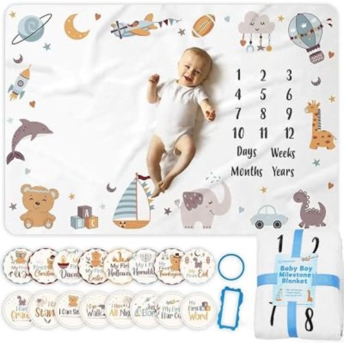 Baby Boy Monthly Milestone Blanket 60x40 - 16 Stickers, Newborn Photo Gift