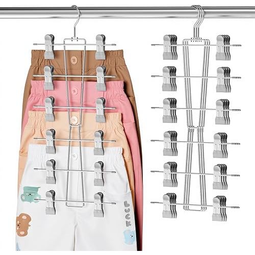 DOIOWN 6-Tier Baby Hangers with Clips - Space Saving Kids Pants Hangers for Babies & Kids Pant,Clothe,Adjustable Toddler Clothes Hanger for Newborn Children Closet Organization Gray 4Pack