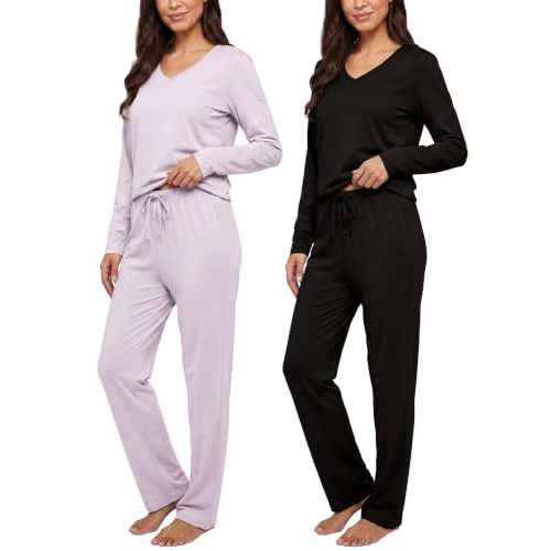 Real Essentials 2 Pack Women's Soft Cotton Long Sleeve Pajama Set with Pants - Lounge Sets for Women (Available In Plus)
