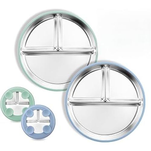 8” Stainless Steel Toddler Plate with Suction, Divided Plates with Removable Silicone Sleeves for Kids, Non Toxic & BPA Free | Non Slip | Unbreakable Baby Snack Dishes Set of 2, Blue & Sage