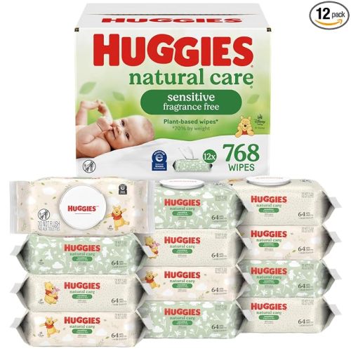 Huggies Natural Care Sensitive Baby Wipes, Unscented, Hypoallergenic, 99% Purified Water, 12 Flip-Top Packs (768 Wipes Total), Packaging May Vary
