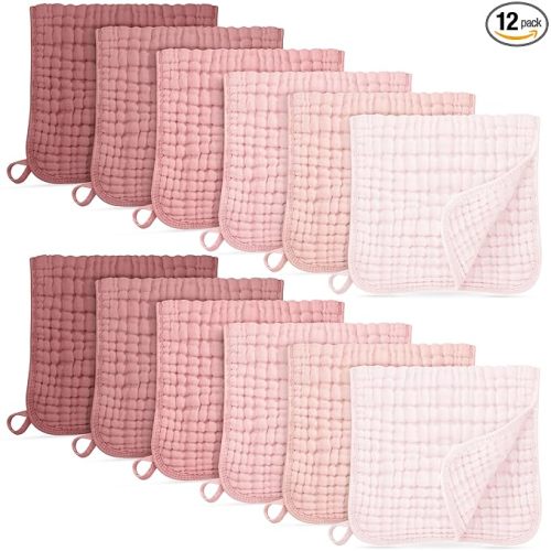 Muslin Burp Cloths for Baby 100% Cotton Burping Cloths for Boys Girls Large 20''X10'' Extra Soft and Absorbent 12 Pack - Gradient Pink