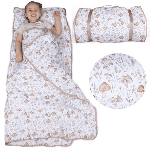 Morxy Toddler Nap Mat with Pillow & Blanket - Extra Large Portable Roll Up Nap Mats with Name Tag - Thick Kids Sleep Mat for Daycare, Preschool, Travel and Camping - Mushroom