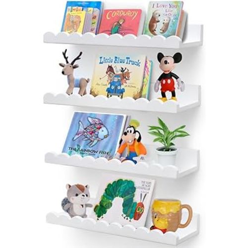 Scalloped Shelves - Set of 4 Pre-Assembled 15.6inch White Floating Nursery Book Shelves, Scalloped Book Shelf for Kids Rooms - Kids Wall Decor, Nursery Decor, Floating Shelves for Wall