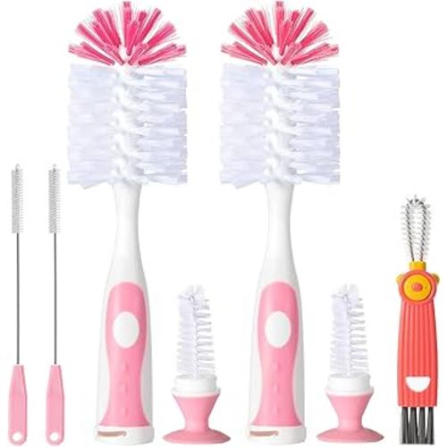 5 in 1 Baby Bottle Brush Set, Bottle Cleaner, 2Pcs Bottle Brush with Stand, 2 Hidden Nipple Brush, 2 Straw Brush, 1 Lid Brush, Nylon Bottles Brush Cleaner for Baby Bottle, BPA-Free(Pink)