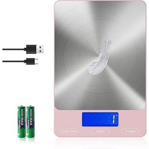 Food Scale -33lb Digital Kitchen Scale for Food Ounces Grams Rechargeable 306 Stainless Steel,Batteries and Type-C Charging | Perfect for Meal Prep, Cooking, and Baking, Pink