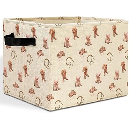 Pink Bow Western Cowgirl Storage Bins Box with Handles, Cowgirl Room Decor, Country Western Laundry Basket Hamper Collapsible Clothes Toys Organizer for Bedroom Bathroom Girls Room