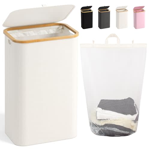 100L Laundry Hamper with Lid, Large Laundry Basket with Bamboo Handles, Clothes Hampers for Laundry with Removable Bag, Dirty Clothes Hampers for Bedroom Aesthetic, Beige