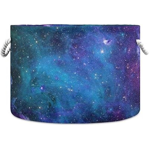 Blue Galaxy Print Round Storage Basket Starry Sky Large Laundry Hamper Universe Space Nebula 20 x 20 x 14 Inches Organizer Bin Blanket Storage Bag for Bedroom Bathroom Nursery Living Room Decoration