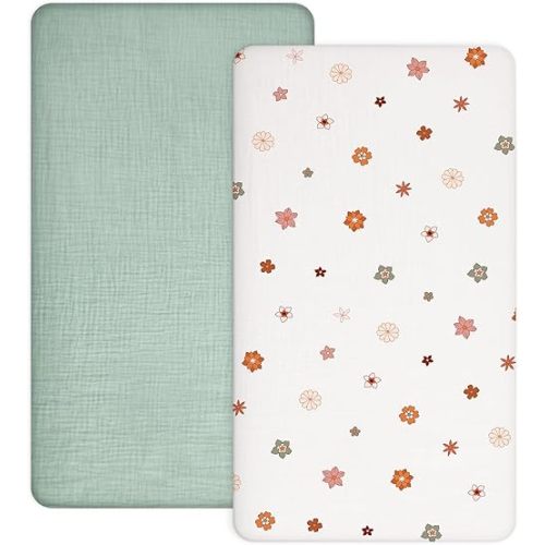 Pack and Play Sheets for Baby Boy and Girl 2 Pack, Neutral Muslin Cotton Pack N Play Mattresses Sheet 27"x39", Muslin Nursery Bedding Soft and Breathable Comfort (Sage & Flower-B)