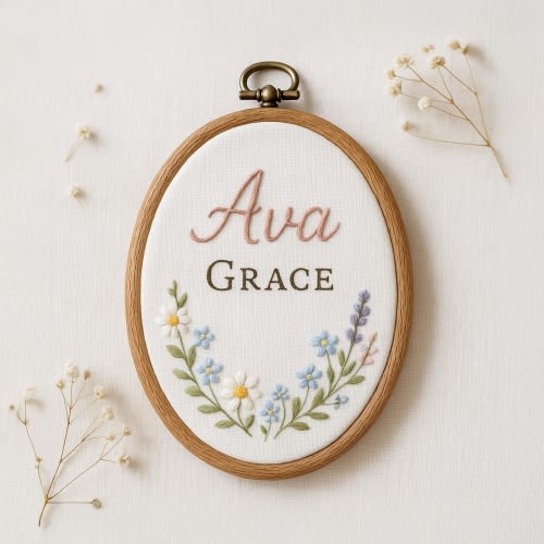 Custom Embroidered Wood Hoop Name Oval, Wedding Decor, Anniversary Decor, Baby Shower Gift, Hand Embroidered Name Hoop Art
