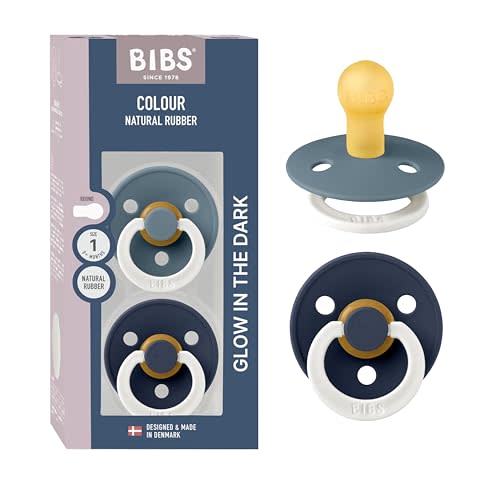 BIBS Colour Night Glow in The Dark Soother 2-Pack, BPA Free Dummy Pacifier, Round Nipple. Natural Rubber Latex, Made in Denmark, Size 1 (0-6 Months), Petrol Glow/Deep Space Glow