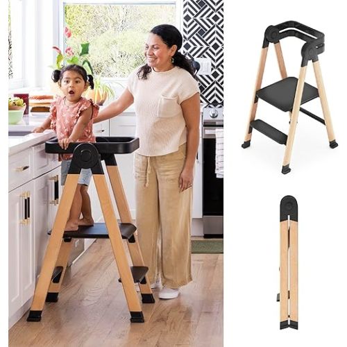 Guidecraft Kitchen Helper Flex Step Stool for Toddlers and Adults - Black: Folding Adjustable Height Step Stool for Bathroom or Kitchen