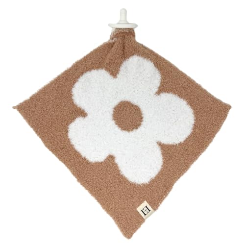 USA Retro Flower Baby Lovey Pacifier/Teether Holder 10"x10" - DreamSoft Plush Fluffy Cuddly Soothie Reversible Mini Comfort Blanket - Cute Newborn Gift Babies Boys Girls (Cafe/White)