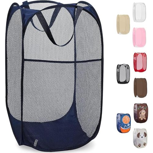 Handy Laundry Collapsible Mesh Foldable Hamper 14" x 14' x 24" Navy Blue | Collapsible Mesh Pop Up Hamper, Wide Opening, Side Pocket, Breathable, Sturdy, Foldable, Space-Saving for Clothes Storage